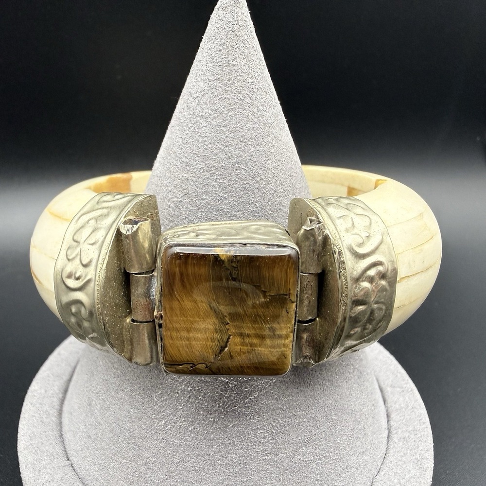 Vintage Bovine Bone Inlay Bangle Bracelet Hinged Pin Silver Tone Statement India